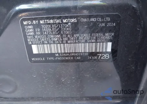 2024 Mitsubishi Mirage Es/Le z USA, uszkodzony, nr VIN ML32AUHJ9RH019710